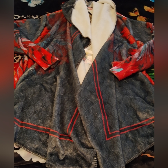 Johnny Was BIYA Rising Sun Sherpa Cozy Hooded Jacket Coat L Blue Red - Picture 6 of 12